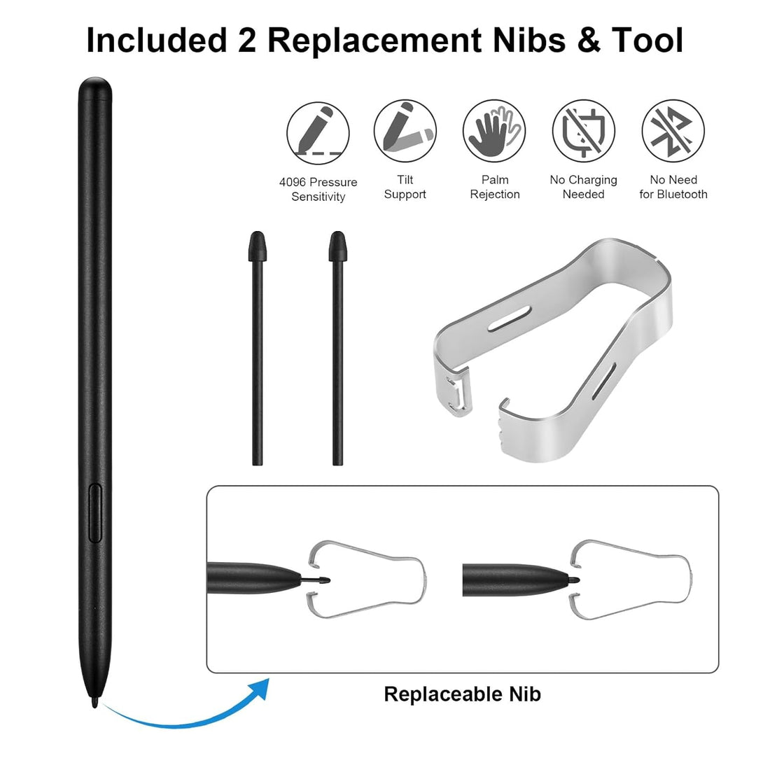 Remarkble 2 Pen with 2 Nibs Replacement Set- Digital EMR Stylus Pens,4096 Pressure Level,Palm Rejection Compatible with Remarkable 2 Tablet (Stylus Pens with 2 Nibs)