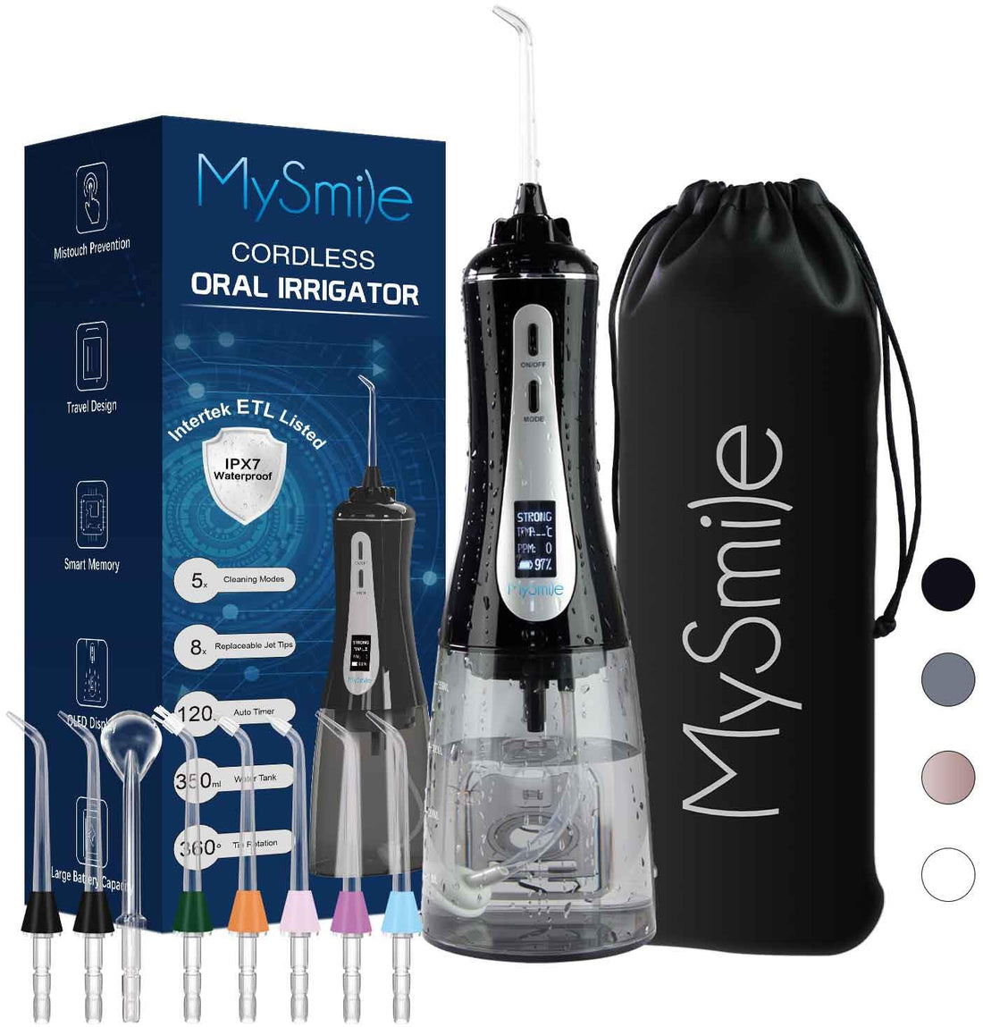 MySmile Powerful Cordless Water Dental Flosser Portable Oral Irrigator with OLED Display 5 Modes 8 Replaceable Jet Tips and 350 ML Detachable Water Tank for Home Travel Use (Black)
