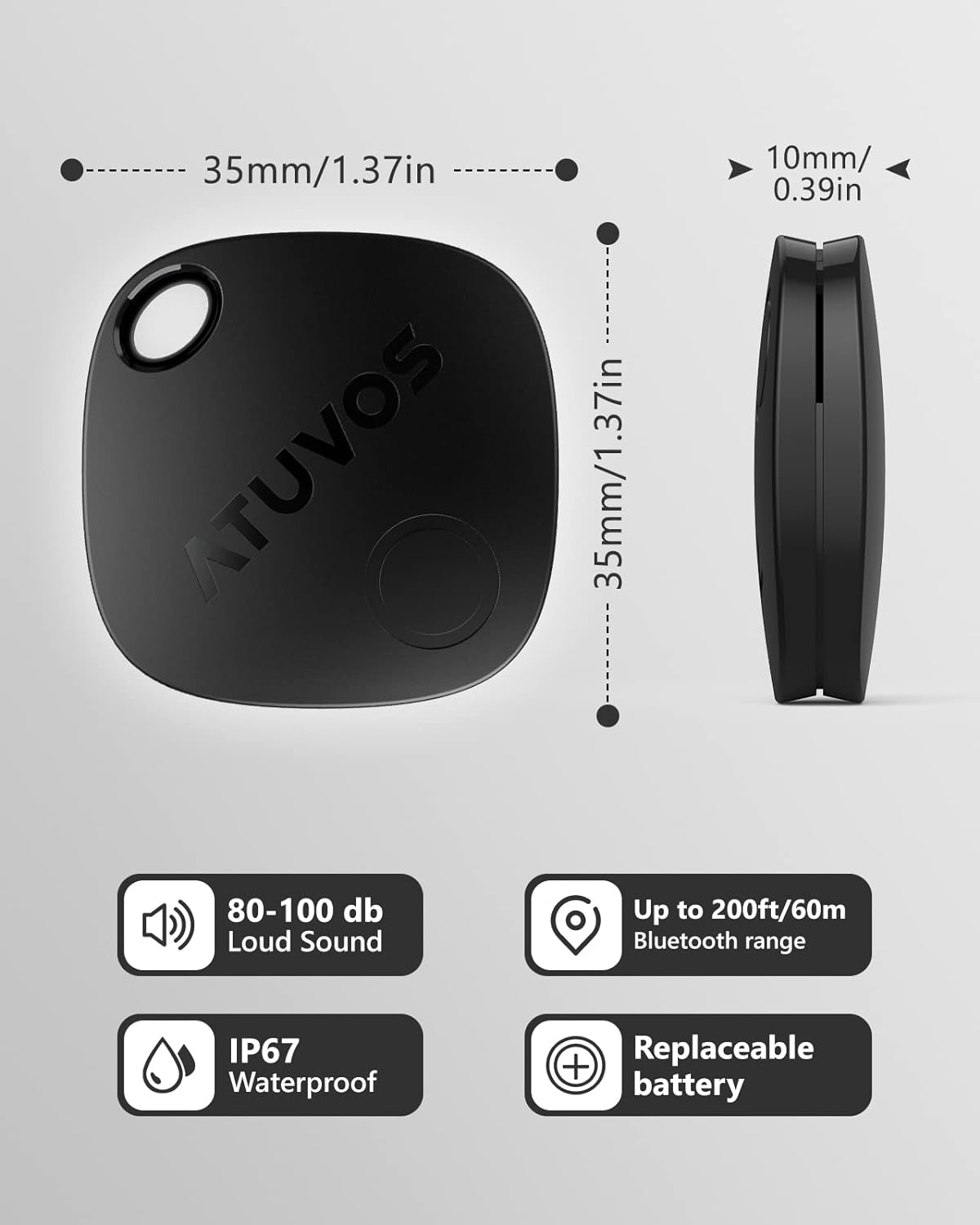 ATUVOS Luggage Trackers for Suitcase, Bluetooth Tracker Works with Apple Find My (iOS only), IP67 Waterproof, Privacy Protection, Lost Mode, Item Locator for, Bags, and More 1 Pack Black