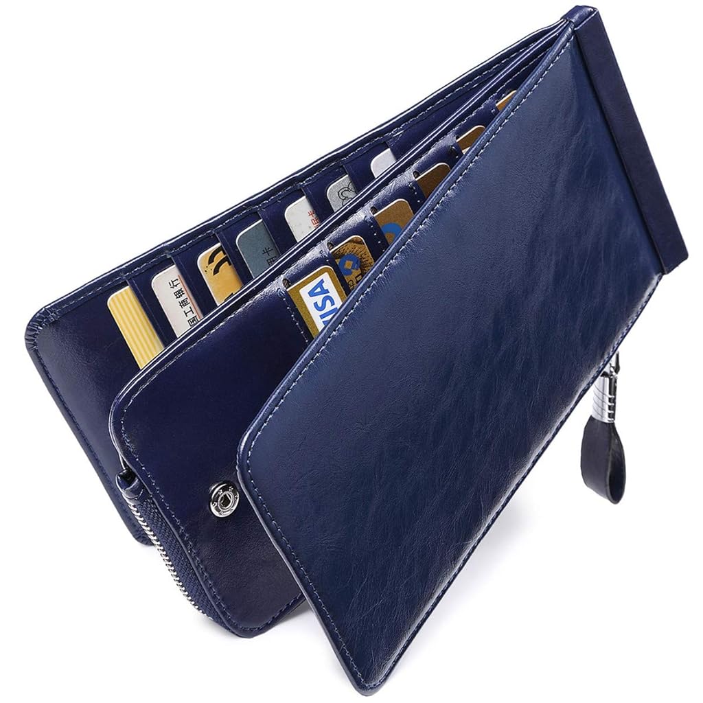 Huztencor Credit Card Holder Rfid Blocking Wallet Leather Slim Sleeve Case Id for Women Men with Coin Pocket Oil Wax Blue