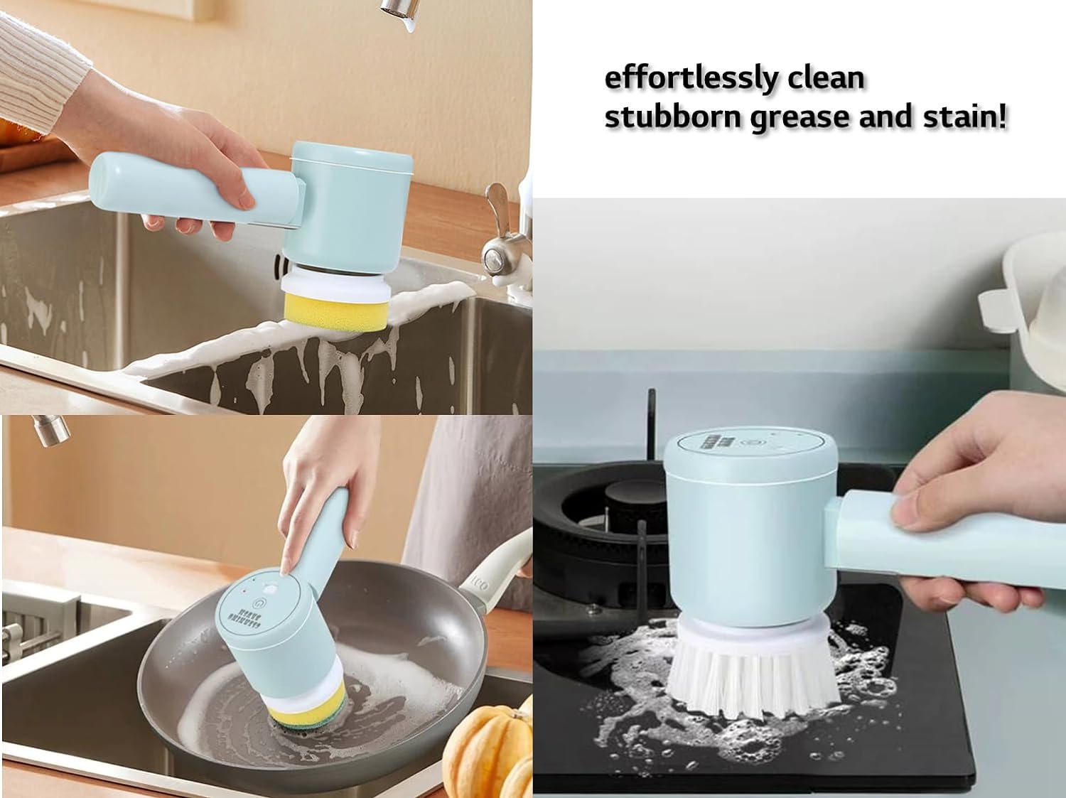 Powerful Spin-Head Cleaning Brush: Portable IPX7 Waterproof 3 Brush Types 3HR Working by LG 18650-type Battery 1-Touch Start for Stubborn Grease & Stain (Sky Blue)