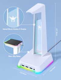 SOSISU RGB Headphones Stand with 3.5mm AUX and 3 USB 2.0 Ports, Gaming Headset Holder Hanger with Non-Slip Rubber Base for SOSISU Gaming Headset(Not Included), PC, Desktop (White)