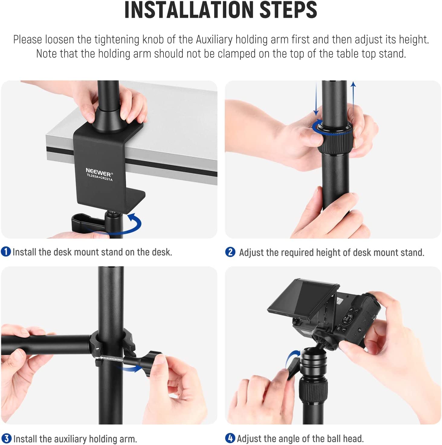 NEEWER Tabletop Camera Mount Stand with Flexible Arm, Overhead Height Adjustable Light Stand Mount with Table Mounting Clamp, Swiveling Ball Head for DSLR Camera, Phone, LED Light, Webcam and More