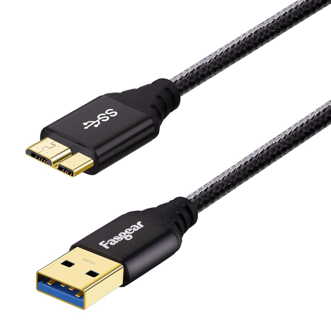 Fasgear USB 3.0 to Micro B Cable(50cm) - Nylon Braided Cord 5Gbps Charging and Syncing for Samsung Note 3, Hard Drive, Mobile Hard Disk (50cm, Black)