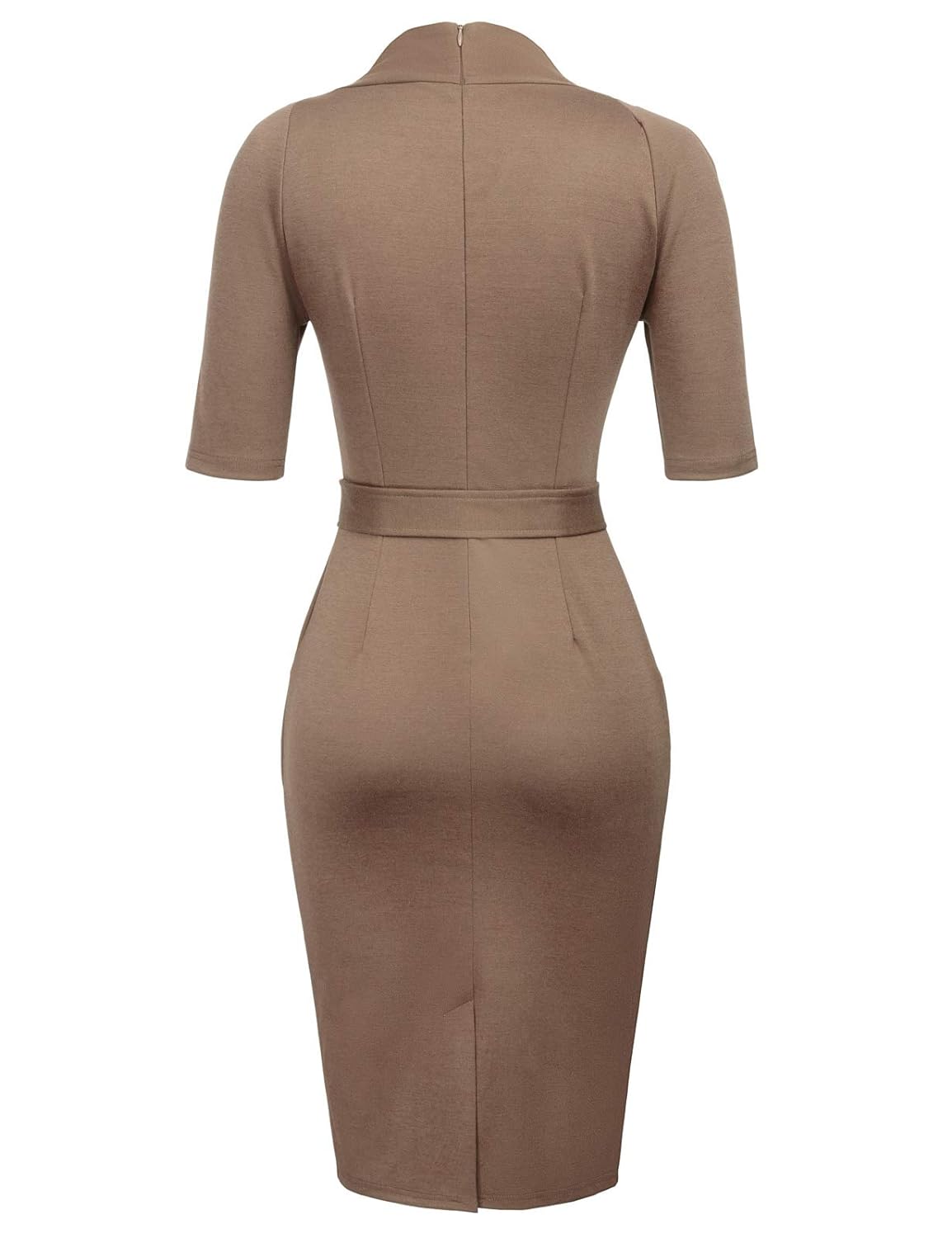 Women Vintage Short Sleeve Slim Fit Belted Business Pencil Dress Coffee