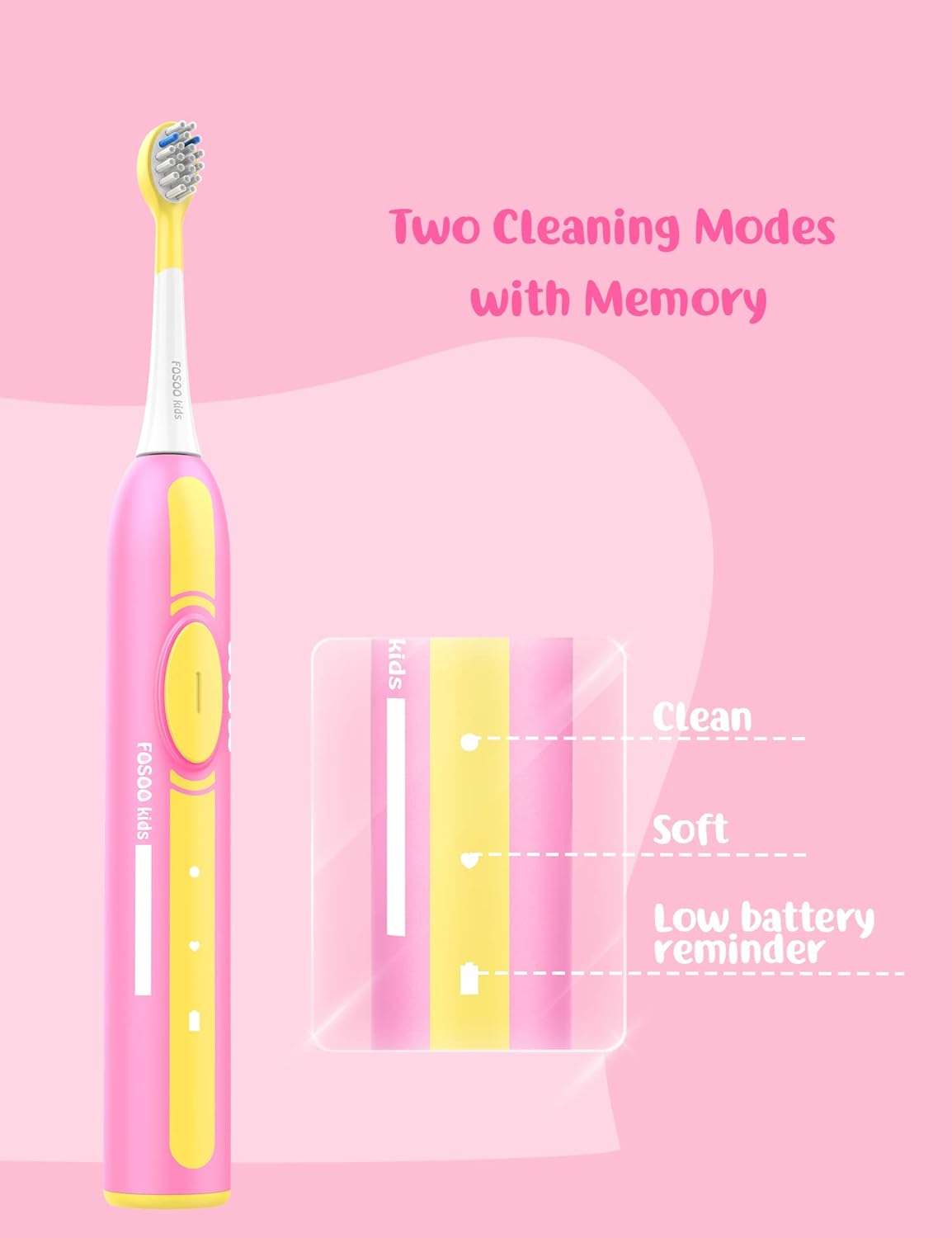FOSOO Kids Electric Toothbrushes for Ages 3+, Electric Toothbrush Kids with 4 Brush Heads,180 Days Battery Life,2 Modes with Memory,IPX7 Waterproof,2 Minutes Built-in Smart Time (Pink)