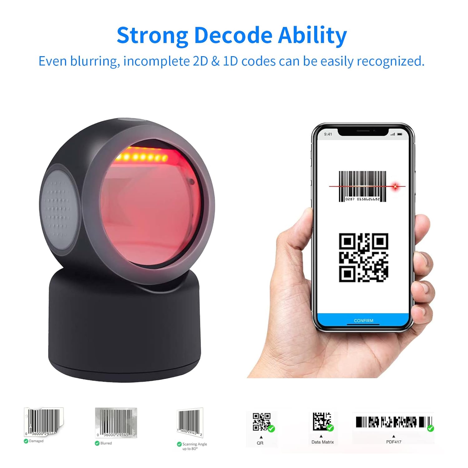 Alacrity 2D 1D Desktop Barcode Scanner,Omnidirectional Hands Free USB Wired Barcode Reader,Capture Barcodes from Mobile Phone Screen, Read Stacked PDF417 Code on Driver's License or ID Card, Black