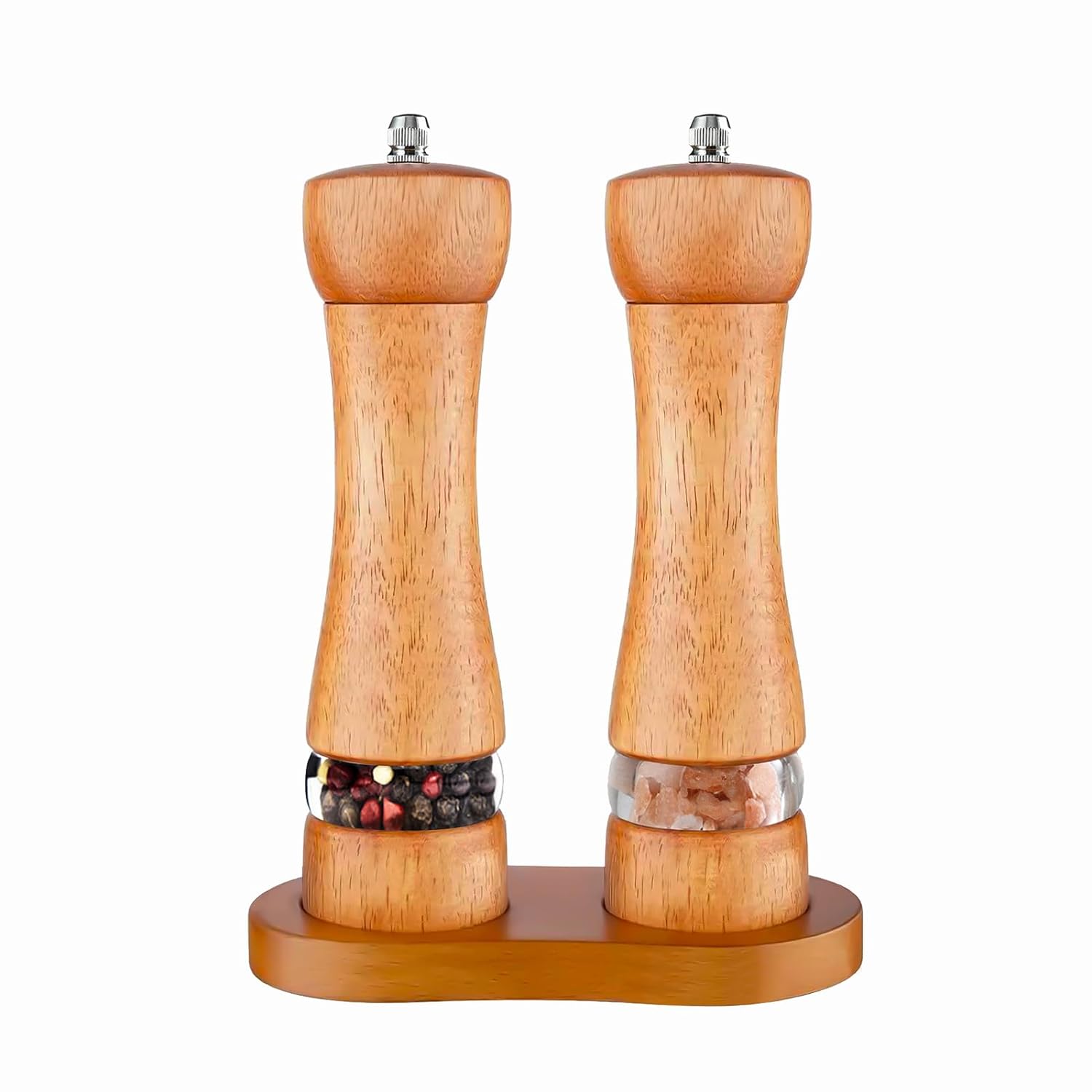 2-Piece Salt and Pepper Grinder Set, 8 Inch Tall Wooden Salt & Pepper Mill Sets with Adjustable Coarseness, Refillable Manual Pepper and Sea Salt Mills for Home Cooks (with Wooden Tray)