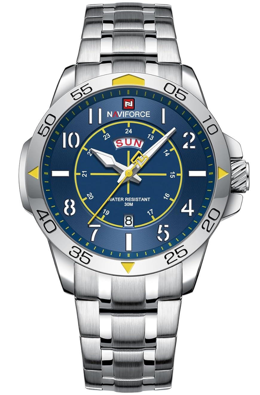 NAVIFORCE Men's Business Watch with Minimalist Design - Stainless Steel Waterproof Wristwatch with Automatic Day-Date Calendar Display