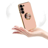 Aitipy for Samsung Galaxy S23 Plus Case with Screen Protector, Built-in 360 Rotation Ring Holder Magnetic Stand, Luxury Shiny Plating Edge Shockproof Electroplated Protective Cover (Pink/Golden)