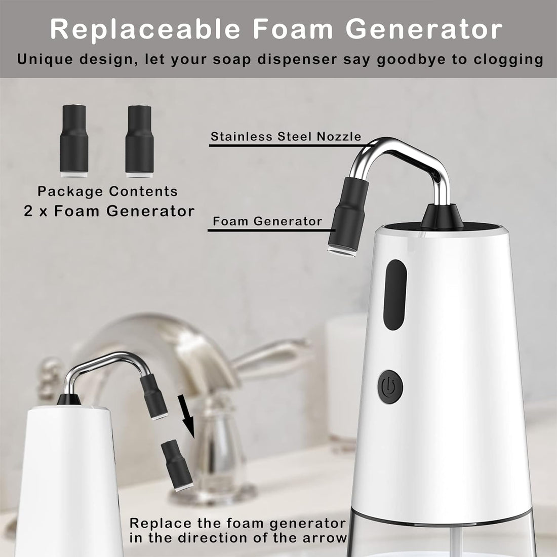 FAIBAEELLY Automatic Foaming Soap Dispenser, Touchless Foam Hand Soap Dispenser with Replaceable Foam Generator, Infrared Sensor, Rechargeable, Foam Soap Dispenser for Kids Bathroom & Kitchen, White