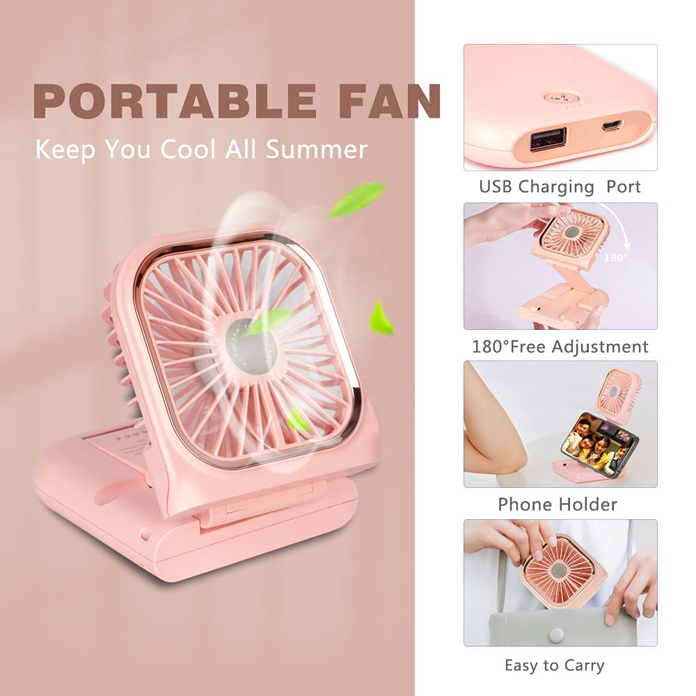 FADACHY Portable Handheld Fan Outdoor Charger Fan Power Bank Mini Fan 3000mAh USB Phone holder, Power Bank, Neck Fan,Handheld Fan Pink Lovely Rechargeable