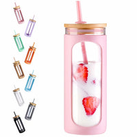 Kodrine 20 oz Glass Water Tumble with Straw and Lid, 2 Bamboo Lids Water Bottle, Iced Coffer Cup Reusable, Wide Mouth Smoothie Cup, Straw Silicone Protective Sleeve BPA FREE-Pink