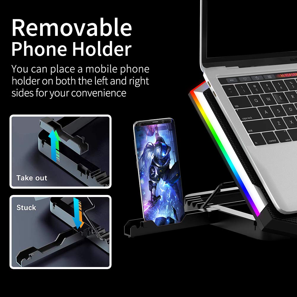 ICE COOREL RGB Laptop Cooling Pad for 15.6-17.3 Inch,Gaming Laptop Cooler with 6 Quiet Cooling Fans and 6 Stand Height Adjustable,LCD Screen and Rainbow Lights,Two USB Ports and One Phone Stand