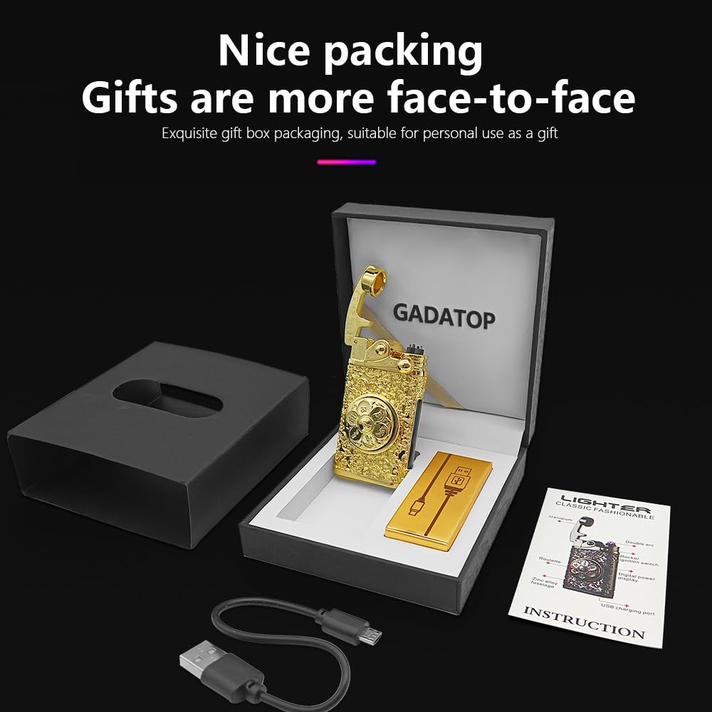 GADATOP Electric Personalized Creative Rotary Lighter Windproof Lighter USB Rechargeable Flameless Lighter Double Arc Plasma Lighter with Gift Box (Gold)