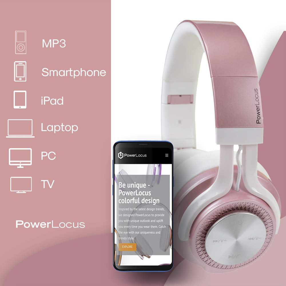 PowerLocus P3 Bluetooth Headphones Over-Ear, [26h Playtime, Bluetooth 5.0] Wireless Hi-Fi Stereo Headphone, Foldable with Mic, Deep Bass, Wired Mode for Cell Phones/Laptop/PC/TV (Rose Gold)