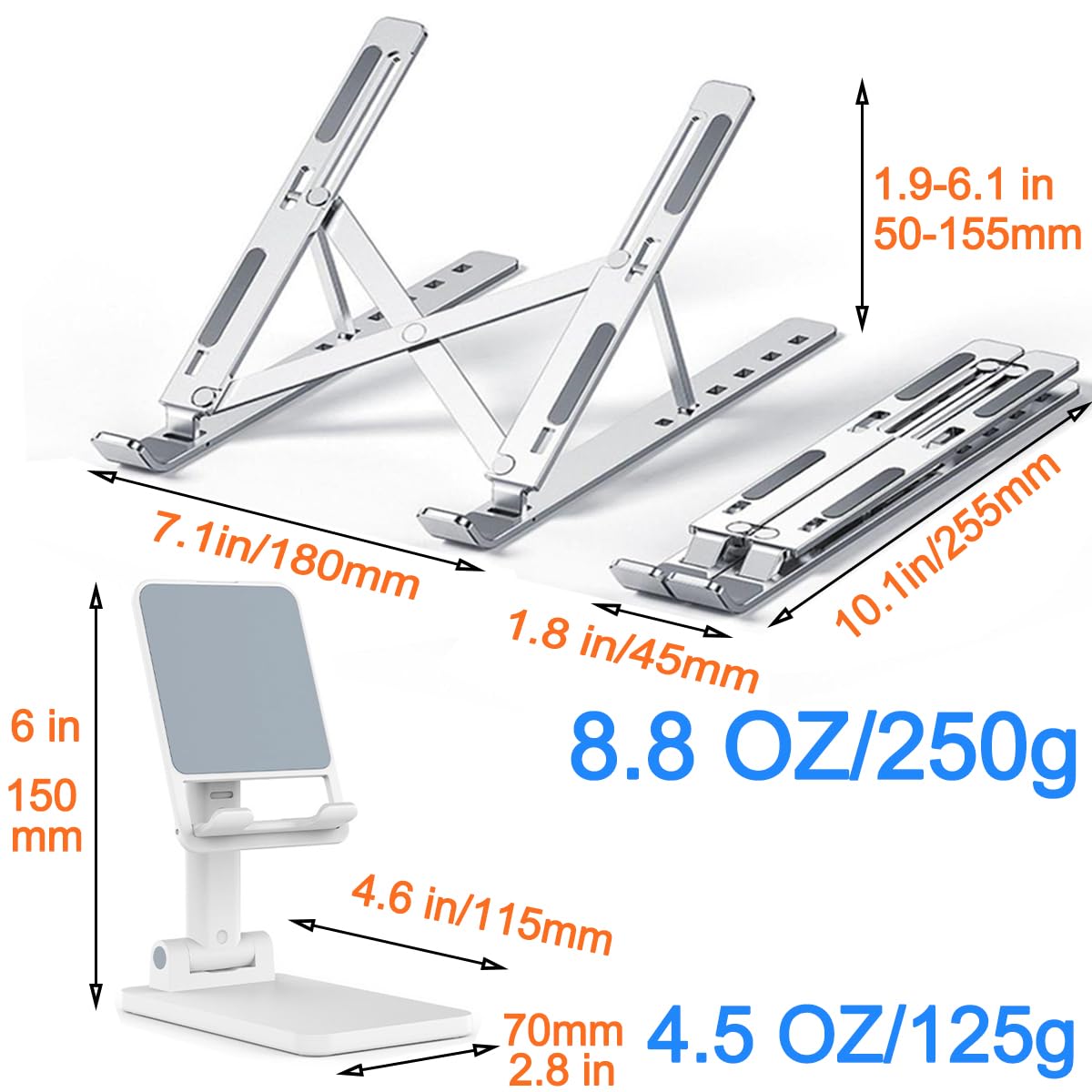 KLAQQED Laptop Stand for Desk, Aluminum Portable Laptop Stand, Phone Stand Holder, Foldable Tablet Notebook Stand for iPad MacBook Stand, Adjustable Height Laptop Stand for Office Desk Accessories