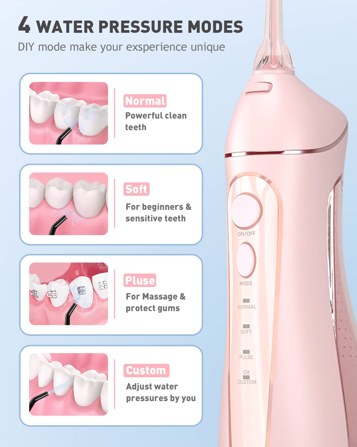Water Dental flosser for Teeth Cleaning - Oralfree Braces Care, Cordless Portable Rechargeable Oral Irrigator 4 Modes 5 Tips IPX7 Waterproof Powerful Battery Water Teeth Cleaner Pick for Home Travel