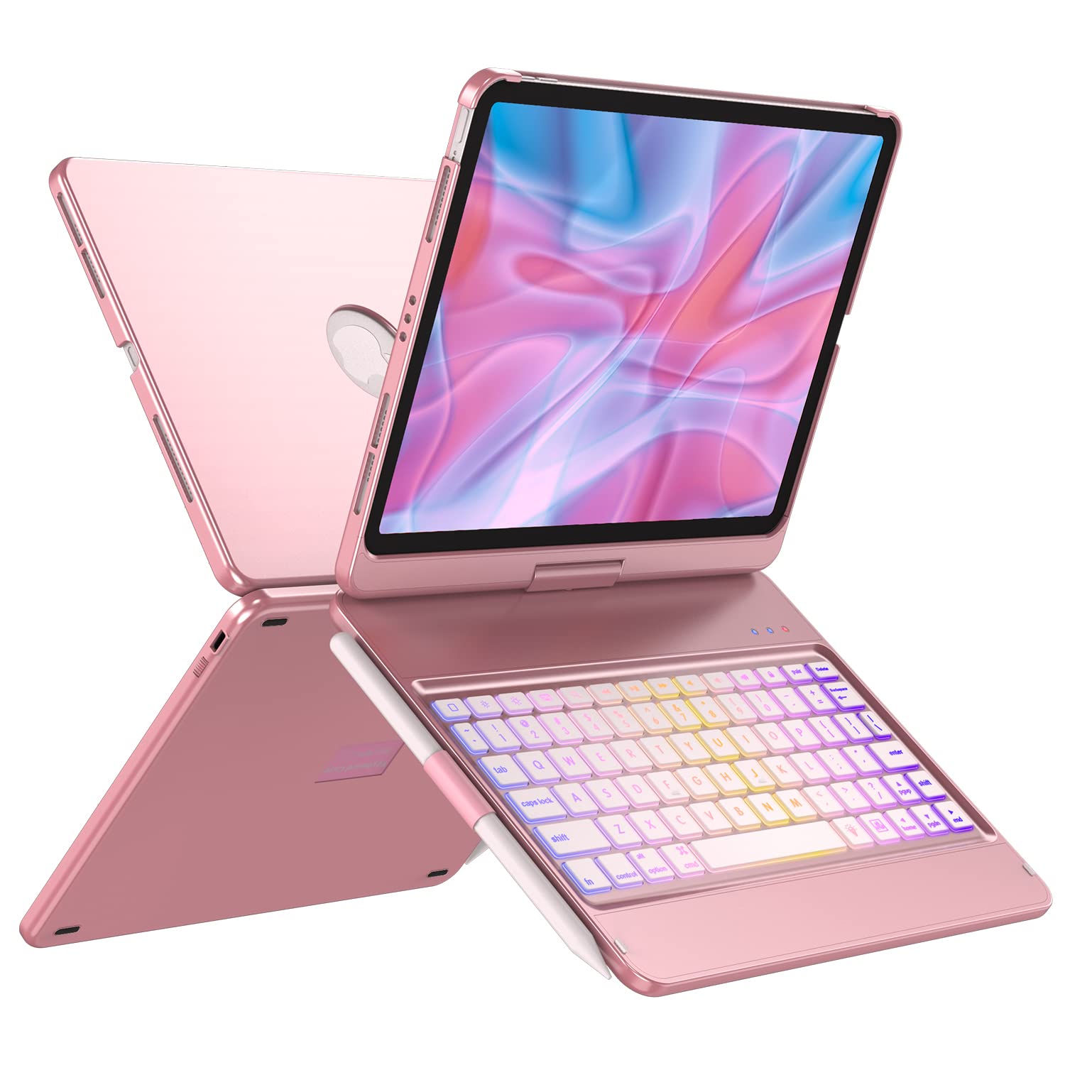 iPad Pro 11 inch Case with Keyboard(4th/3rd/2nd/1st Gen),10 Color Backlight Keyboard for iPad Air 5th/4th Generation 10.9 inch, 360° Rotatable Cover with Apple Pencil Holder (Rose Gold)