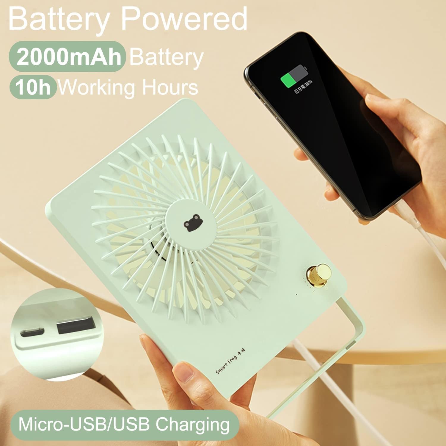 USB Desk Fan Portable Handheld Fan 10hrs Cooling USB Small Desk Fan 160° Foldable Mini Portable Fan Desktop Fan Portable Fan for Travel USB Rechargeable Personal Fan with 2000mAh Battery (Green)