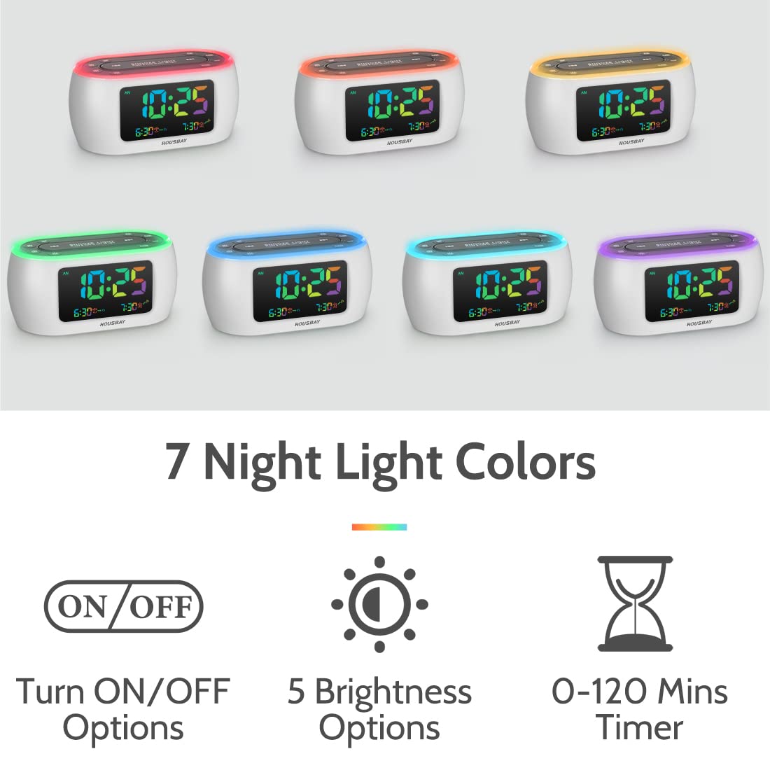 HOUSBAY Glow Small Colorful Alarm Clock Radio with Rainbow Digit, 7 Color Night Light with ON/Off Options, Dual Alarm, Dimmer, FM Radio with SleepTimer for Bedrooms