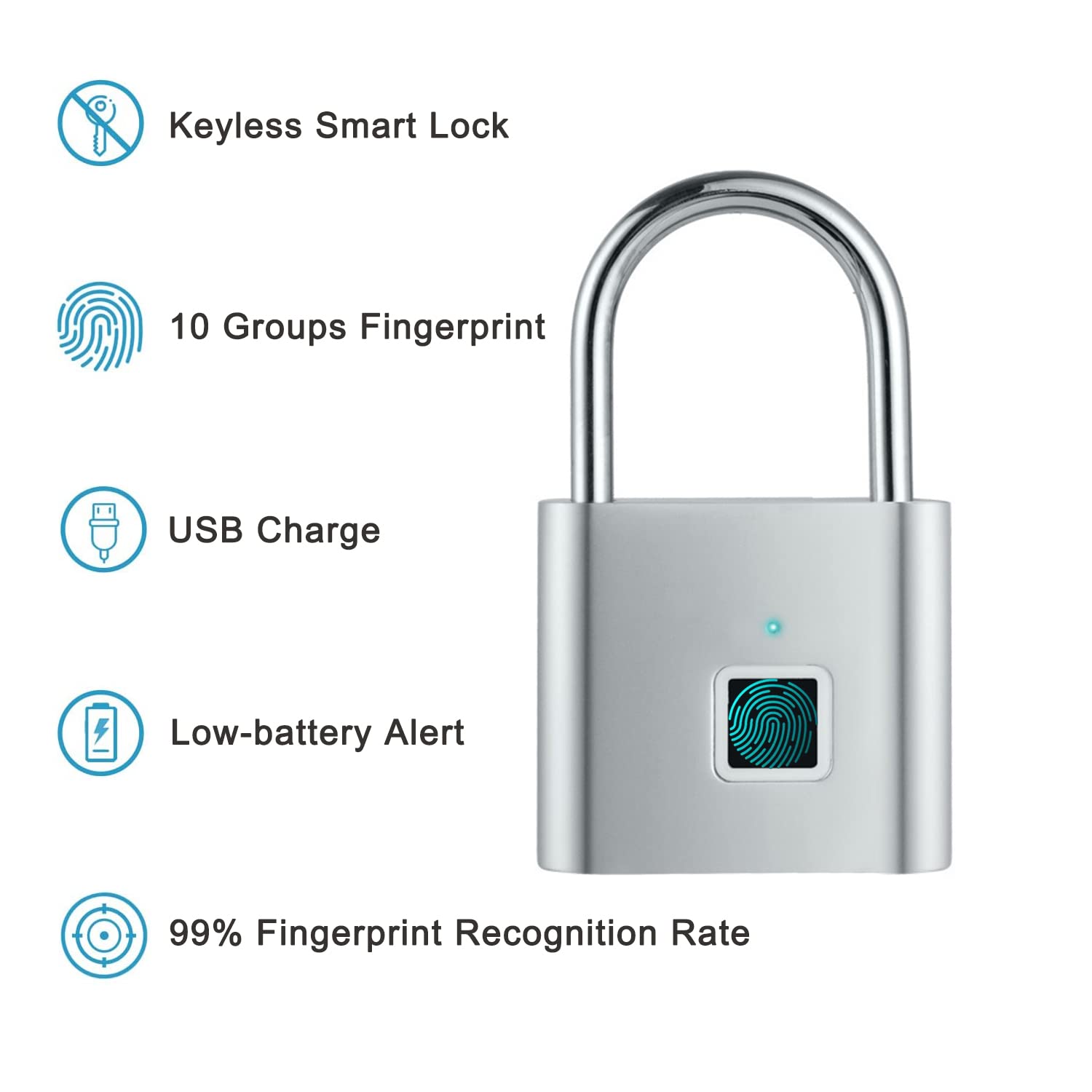Fingerprint Lock, Fingerprint Padlock, Smart Padlock, Locker Locks, Smart Lock with USB Rechageable, Suitable for Gym Locker, School, Sports, Storage (Silver)