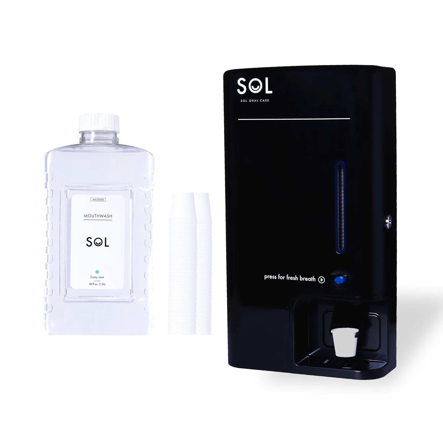 Sol Automatic Mouthwash Dispenser, Commercial and Home mouth wash dispenser, 1.5L Frosty Mint Mouthwash Bottle, Alcohol-Free, with paper cups 100, For bathroom, Tamper proof, Wall Mount or Stand Alone