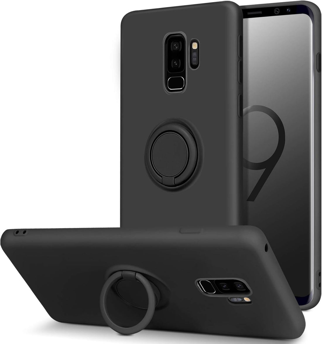 BENTOBEN Samsung Galaxy S9 Plus Case, Slim Silicone Soft Rubber with 360° Ring Holder Kickstand Car Mount Supported Protective Cute Phone Cases Cover for Samsung Galaxy S9+ Plus 6.2" (2018), Black