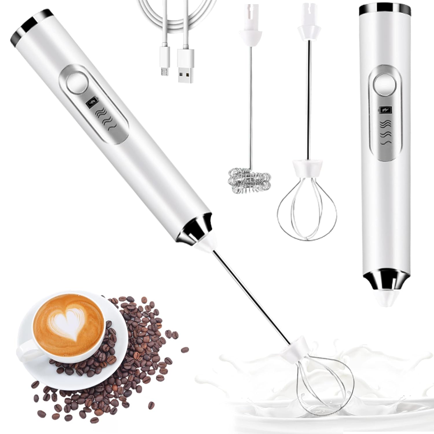 Milk Frother Handheld USB Rechargeable Milk Foam Maker with 2 Stainless Whisks, Mini Blender Mixer 3 Speeds Adjustable for Coffee, Latte, Cappuccino, Matcha, Hot Chocolate, Egg, White