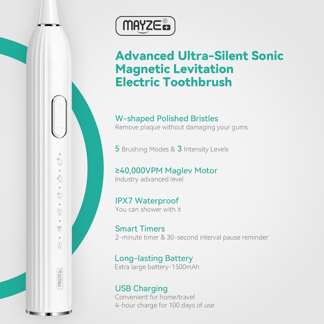 MAYZE Sonic Electric Toothbrush with 6 Brush Heads&Travel Case for Adults, One Charge for 60 Days, 3 Intensity Levels&5 Modes with 2 Minutes Build in Smart Timer, Rechargeable Toothbrushes (White)