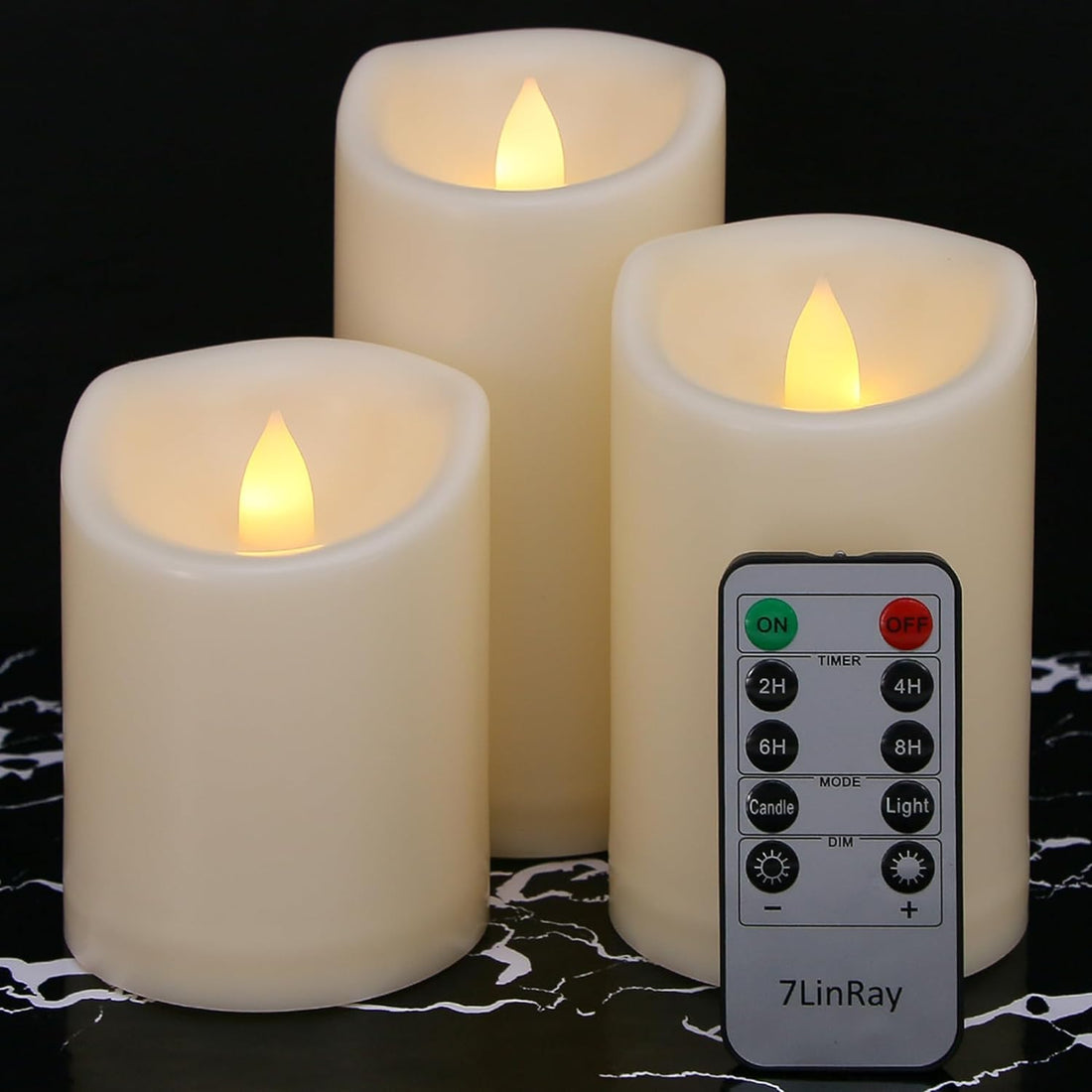 AONELAS 7LinRay Flameless Flickering Candles with Remote and Timers, 1000 Hours Waterproof Ourdoor Indoor Battery Operated LED Pillar Candles, Ivory Plastic, Set of 3(D 3" x H 4" 5" 6")