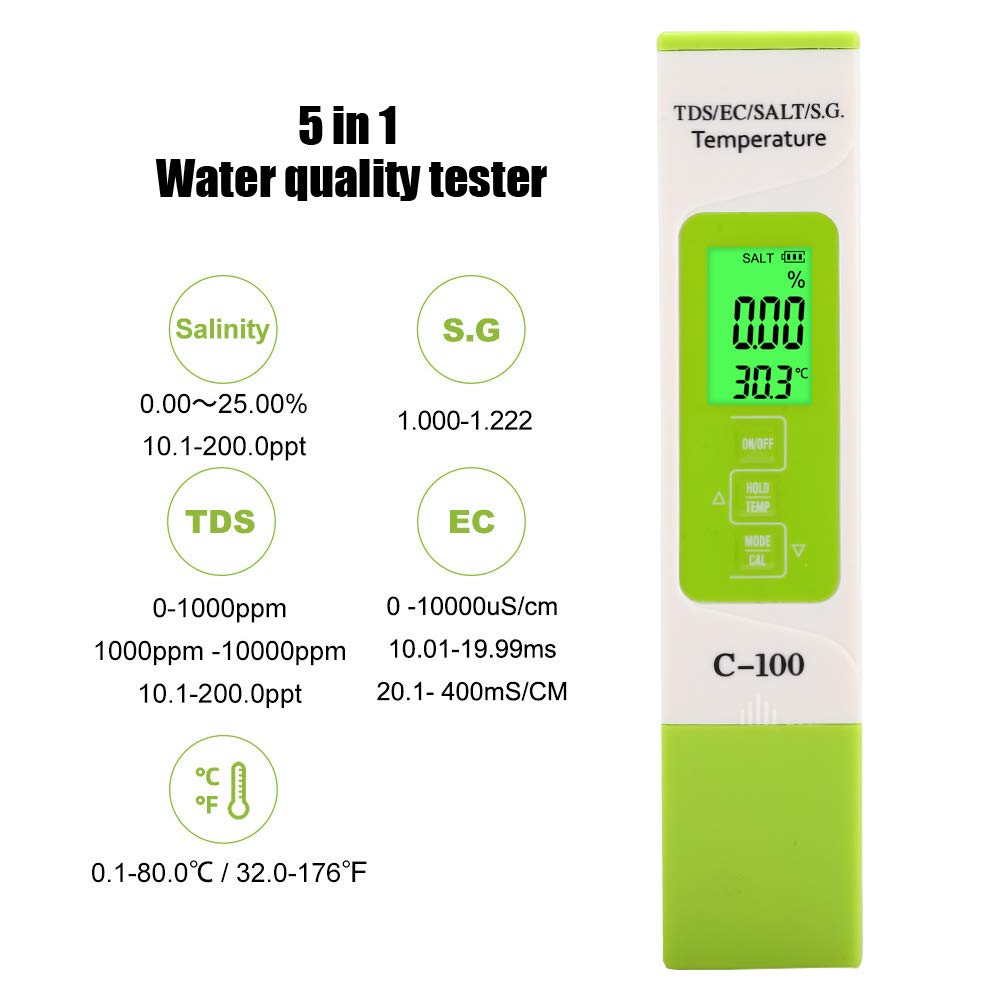 Digital Salinity Tester for Saltwater, C-100 5 in 1 Salinity TDS EC Seawater Tester Multifunction Water Quality Tester with Backlight for Saltwater Pool, Aquarium, Koi Fish Pond