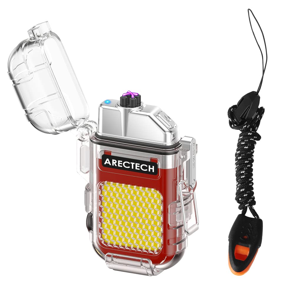 ARECTECH Rechargeable Lighter Electric Arc Dual Lighter 3 Modes of Flashlight Windproof Plasma Lighters Waterproof with Survival Emergency Whistle and Lanyard for Outdoor Candle Camping (Red)