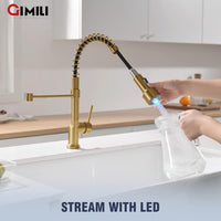 Gold led GIMILI Kitchen Faucet with Pull Down Sprayer High Arc Single Handle Spring Kitchen Sink FaucetCommercial Modern rv Stainless Steel Kitchen Faucets, Grifos De Cocina