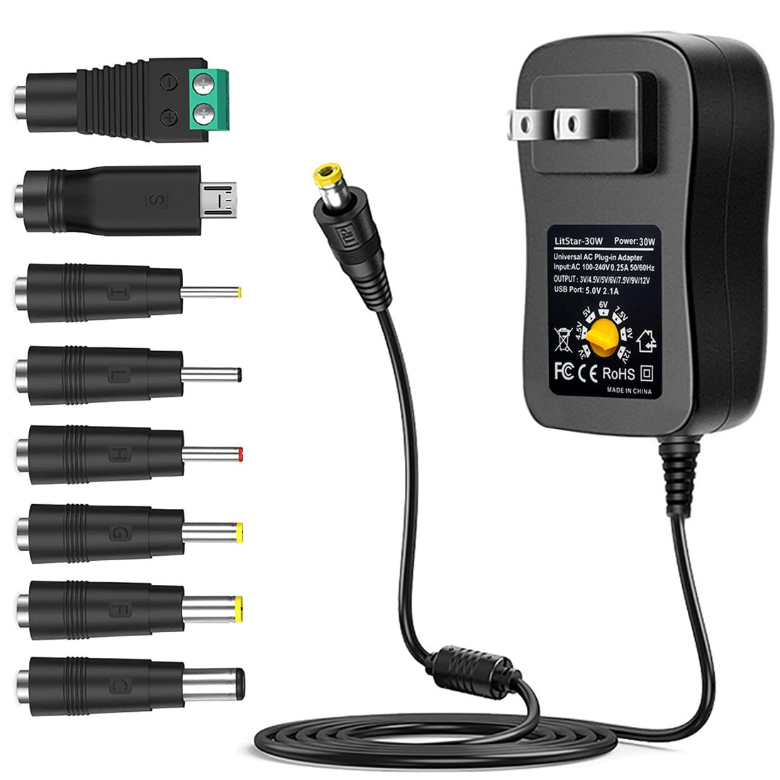 AC DC Adapter Power Supply 2A 12V 9V 7.5V 6V 5V 4.5V 3V Universal Charger 3 Volt to 12 Volt 100mA ~ 2000mA 30W Max, with 8 Selectable Plug Tip for Household Electronics, LED Strip, and More