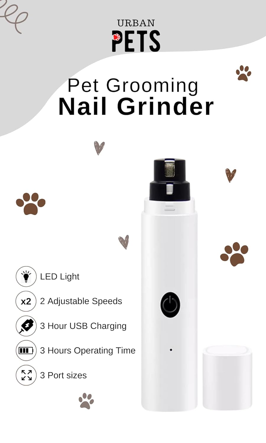 UrbanPets Professional Dog Nail Grinder for pet Grooming. USB Rechargeable, 2 Speed, Dog Nail Trimmers for Small Medium or Large Dogs or Cats. The Best Dog Nail Clipper Grooming kit for Dogs