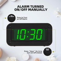 Timegyro Digital Alarm Clock Battery Operated with LED Display, Long Battery Life for 12 Months, Black Case with Green Digits