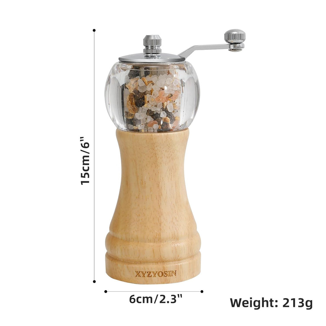 Classical Hand Shake Rubber Wood Salt or Pepper Grinder Set Refillable Salt Grinder Pepper Mill with Adjustable Coarseness Acrylic Body For Kitchen 1 Pack