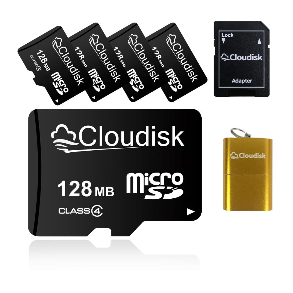 Cloudisk Small Capacity 5Pack 128MB Micro SD Card in Bulk Pack (NOT GB) with SD Adapter USB Card Reader Memory Card for Small Data, Files, Advertising or Promotion (Too Small for Any Videos)