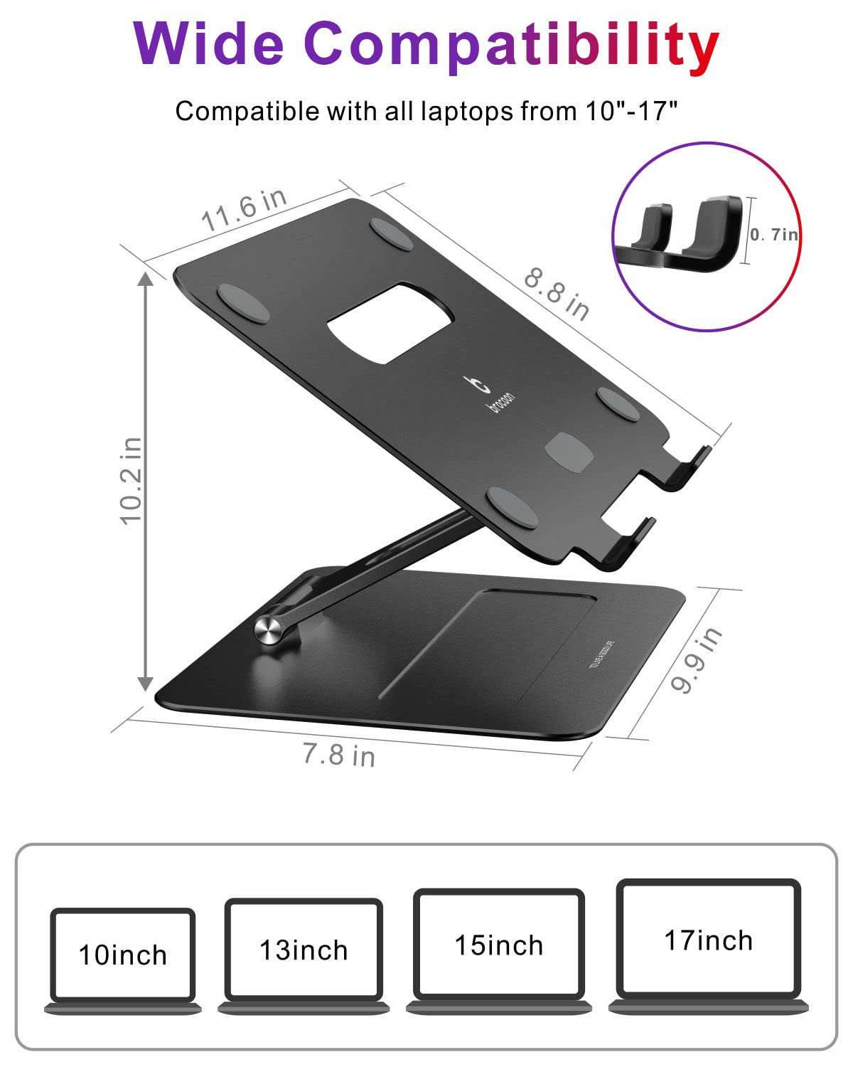 Laptop Stand, brocoon Adjustable Laptop MacBook Stand for Desk, Ergonomic Aluminum Computer Stand with Heat-Vent, Laptop Riser Compatible for 10-17" Laptops