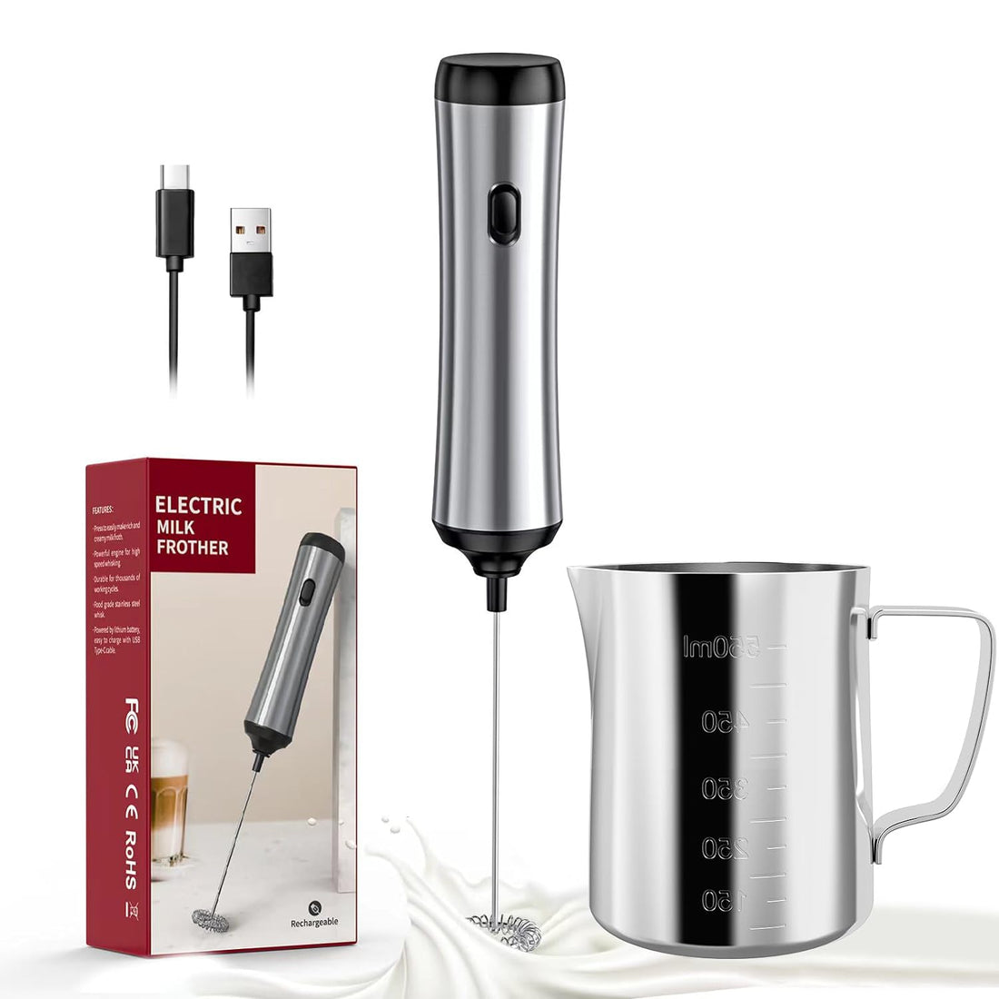 Electric Milk Frother, Maexus Rechargeable Milk Frother Handheld, Milk Foam Maker for Coffee, Cappuccino, Lattes, Matcha, Hot Chocolate, with Milk Frothing Pitcher, Stainless Steel Silver