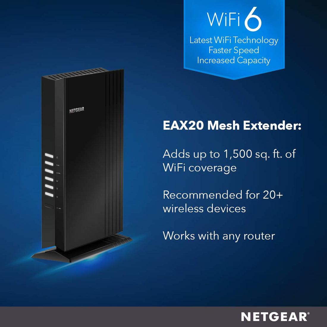 NETGEAR WiFi 6 Mesh Range Extender (EAX20) - Add up to 1,500 sq. ft. and 20+ Devices with AX1800 Dual-Band Wireless Signal Booster & Repeater (up to 1.8Gbps Speed), Plus Smart Roaming