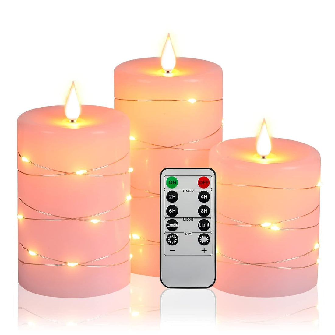 Flameless Candle,Battery Powered with Embedded Starlight String, 3Pack LED Candles, 10-Key Remote Control, 24-Hour Timer Function, Dancing Flame, Real Wax.Pink（Batteries not Included）