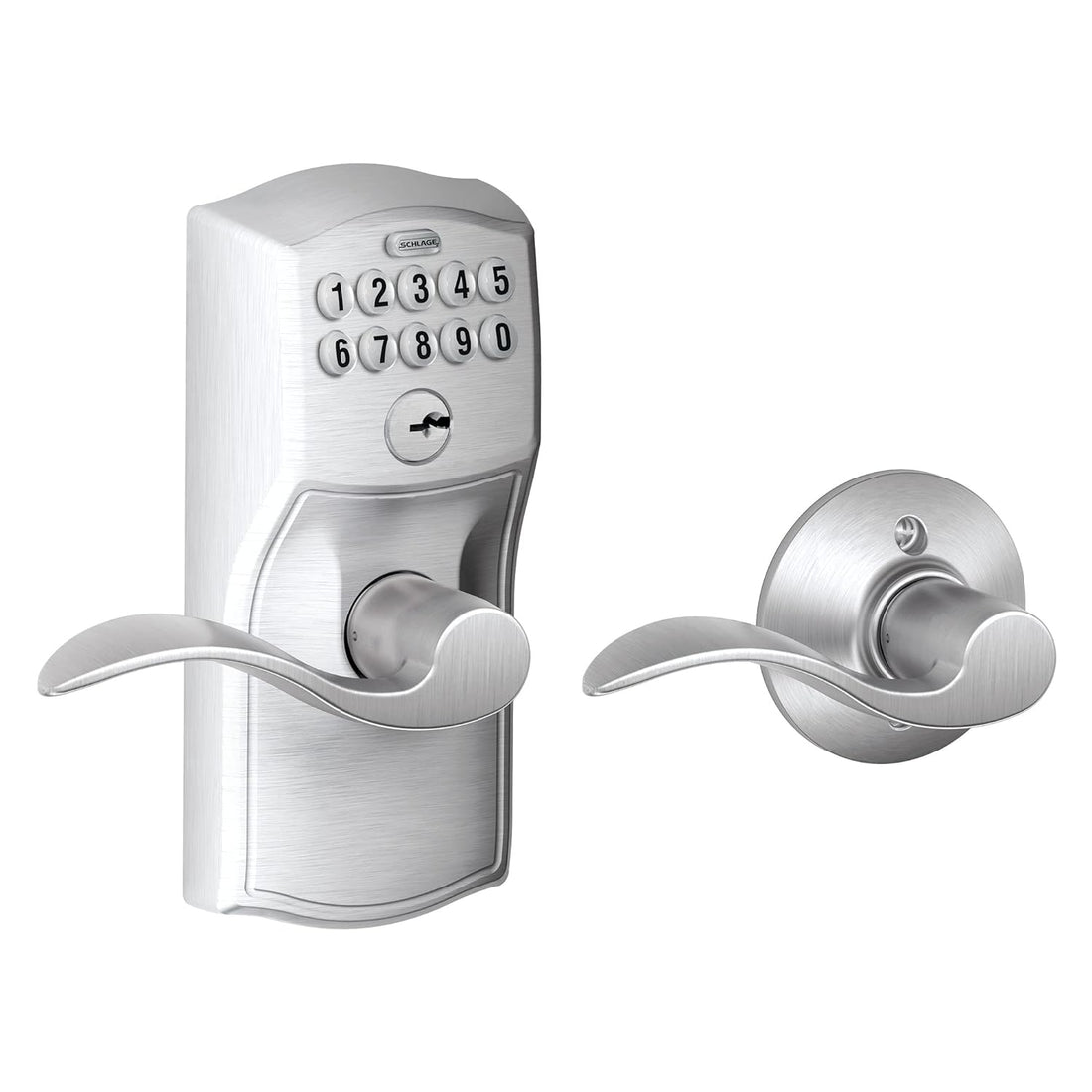 Schlage FE575 CAM 626 Acc Camelot Keypad Entry with Auto-Lock and Accent Levers, Brushed Chrome