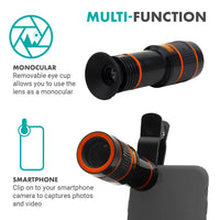 Movo SPL-ST 12X Zoom Telescope Smartphone Lens Adapter and Monocular- Clip-on Telephoto Lens for Phone with Removable Monocular Eye Cup- Telescope and Phone Camera Lens for Photography and Videography