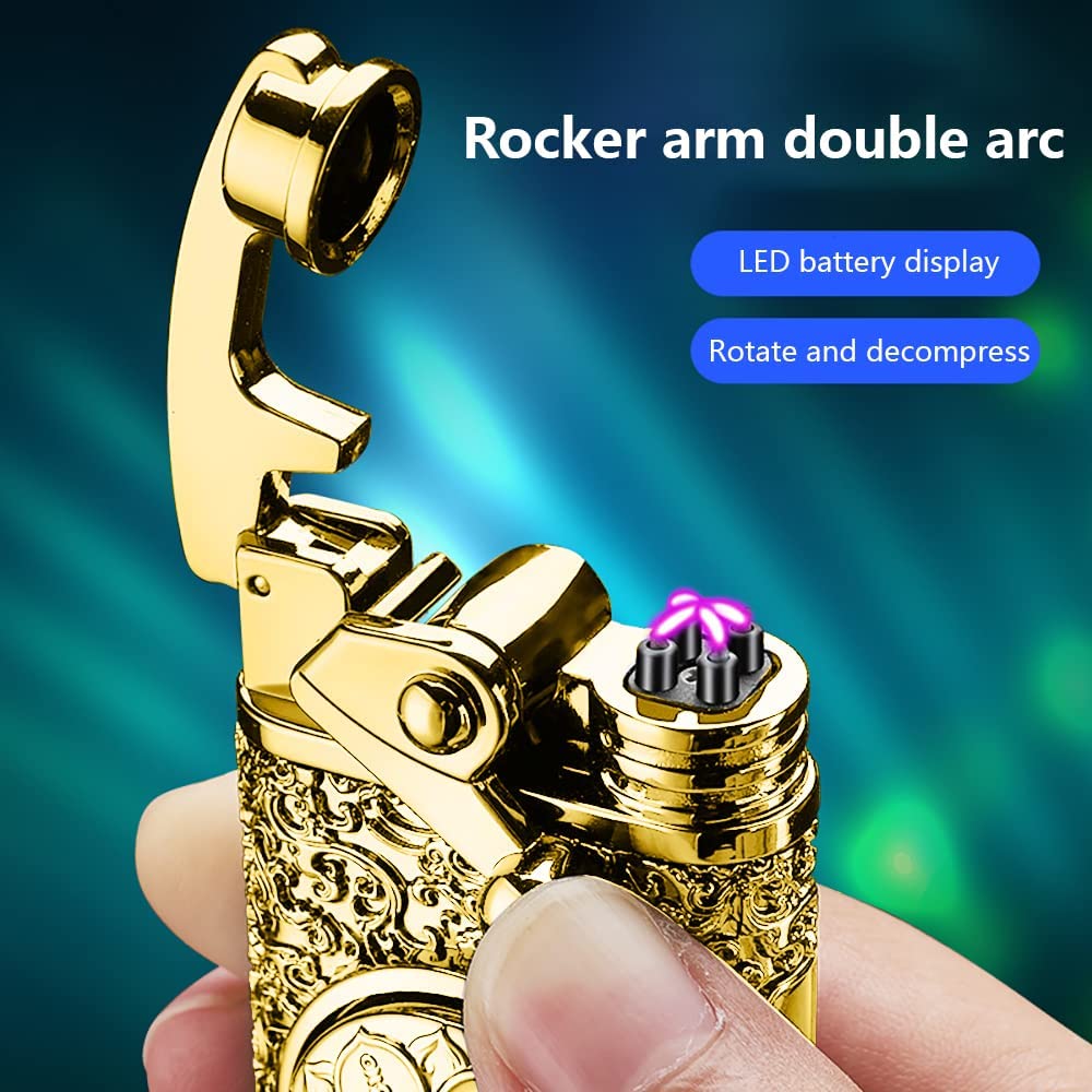 GADATOP Electric Personalized Creative Rotary Lighter Windproof Lighter USB Rechargeable Flameless Lighter Double Arc Plasma Lighter with Gift Box (Gold)