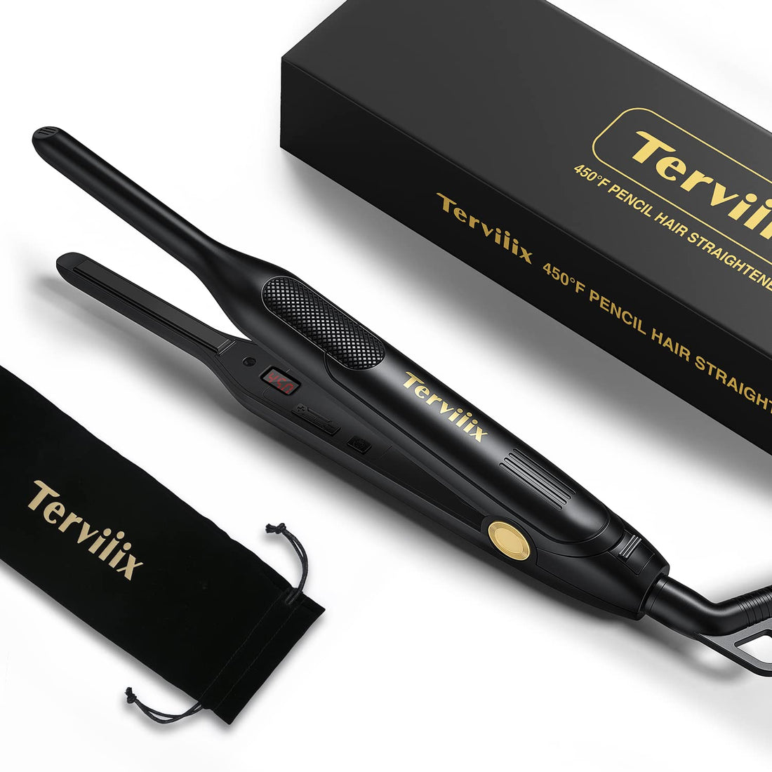 Terviiix Pencil Small Flat Iron For Edge&Short Hair,3/10 Inch Small Hair Straightener For Men,Ceramic Mini Flat Iron For Pixie&Beard,15S Fast Heat Up,Dual Voltage,Auto Shut Off,Black