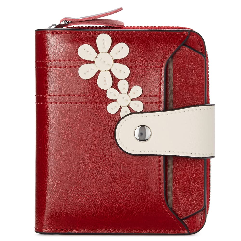 BOSTANTEN Leather Wallets for Women RFID Blocking Zipper Pocket Small Bifold Wallet Card Case, 4-floral Red, small 4.92" x 4.13" x 1.18"