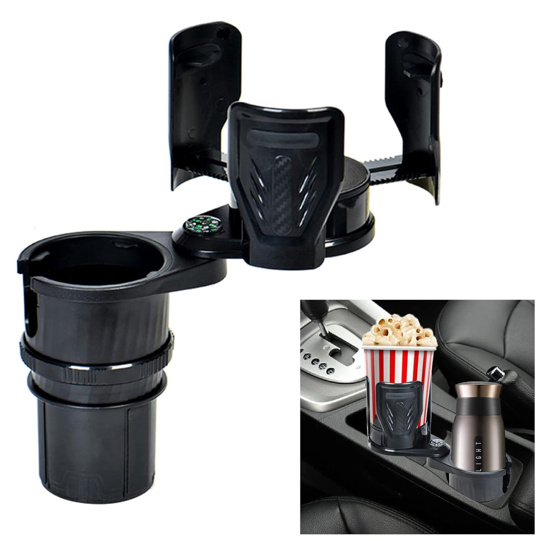 Biuvamla Dual Cup Holder Expander for Car with Adjustable Base, Expandable Large Cup Holders with Car Compass, Compatible with 20 oz. Other Bottles in 2.8-5.9in (Black)
