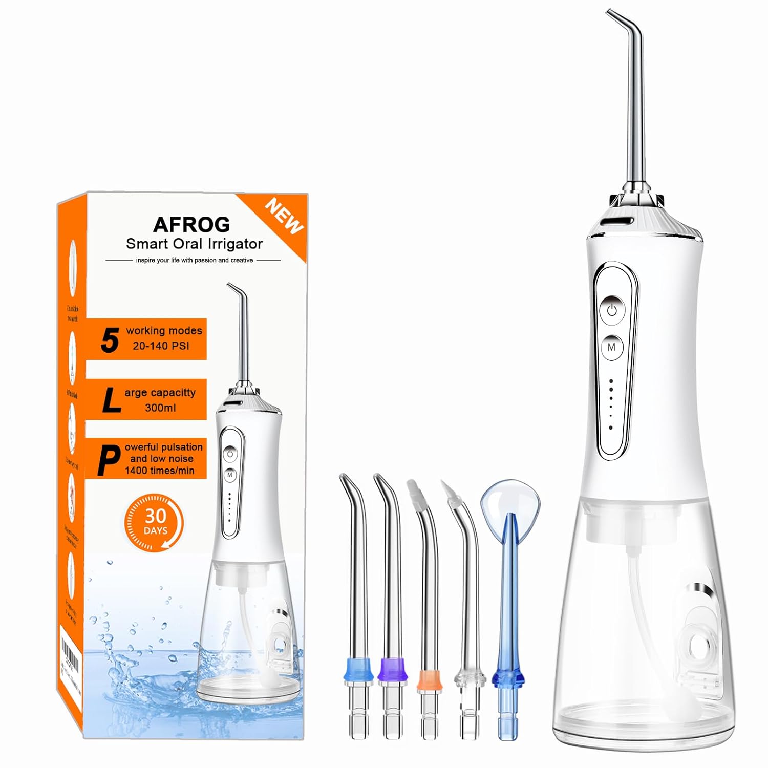 Water Dental Flosser Cordless for Teeth - AFROG 5 Modes Dental Oral Irrigator, Portable and Rechargeable IPX7 Waterproof Powerful Battery Life Water Teeth Cleaner Picks for Home Travel White